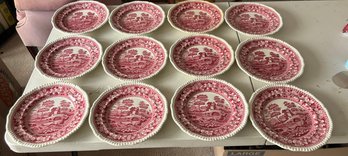 Set Of 12 Vintage Spode Copeland 'Tower Pink' Transferware Plates