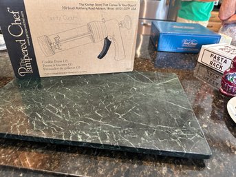 Pampered Chef Cookie Press In Box & Green Granite Cutting Board