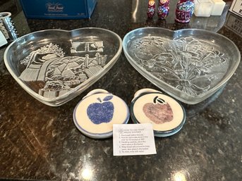 2 Glass Heart Shaped Dishes And Unusual Bread Warmers