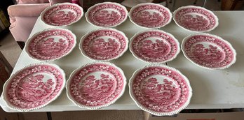 Set Of 11 Copeland Spode Dinner Plate In The 'Tower' Pattern, Featuring A Pink Transferware Landscape