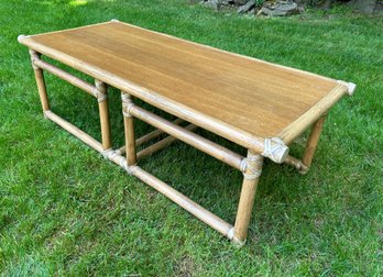 McGuire  Rattan And Oak Coffee Table With Ottomans C. 1970s.