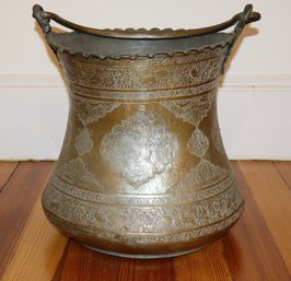 Large Antique Middle Eastern Tinned Copper Bucket With Handle