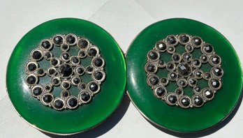 Vintage French Green Enamel Double Disc Belt Buckle W/ Cut Steel Accents