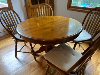 Round Walnut Dining Table With 4 Ladderback Chairs And Pop-up 15' Leaf