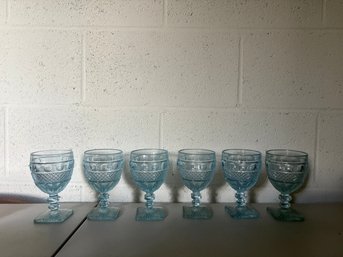 Set Of 6 Imperial Glass Tradition Pattern Light Blue Water Goblets
