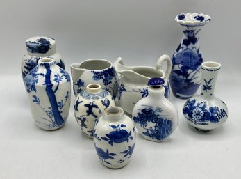 9 Vintage Blue & White Porcelain Miniature Vases, Creamers & Ginger Jar  ~Delft, Japanese & Asian Decor ~