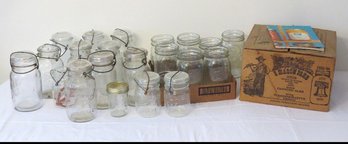Table Top Lot Of Old Canning Jars Including New Case Of Ball Bicentennial 1976 Quart Jars