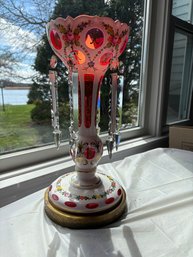 VINTAGE CRANBERRY GLASS BOHEMIAN CZECH OVERLAY CUT TO PINK MANTLE LUSTERS