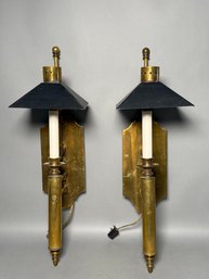 Pair Of Brass Arts & Crafts Antique Wall Candle Sconces With Black Painted Metal Shades