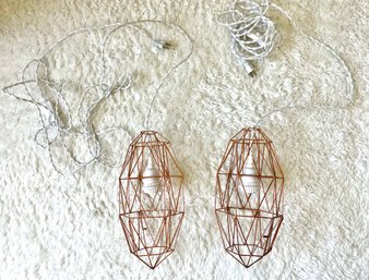 Pair Of Copper Cage Pendant Electric Lights