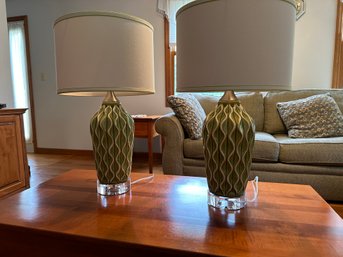 Pair Green Raised Design Ceramic Lamps With Drum Shades And Lucite Bases
