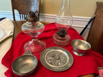 Pewter And Two Oil Lamps