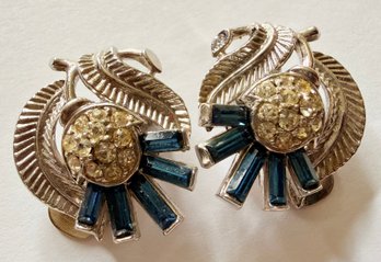 Vintage Trifari Blue Rhinestone Baguettes & Silver-Tone Leaf Clip-On Earrings