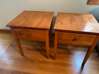 Pair All Wood End Tables With Single Drawer