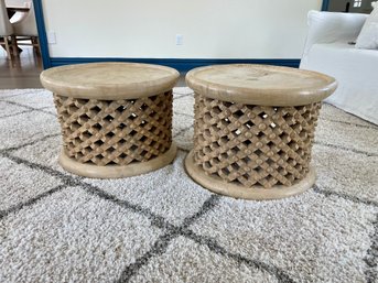 Pair Of Carved Wood Bemileke Style Round Side Tables