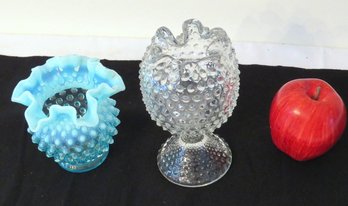 Two Fenton Hobnail Ruffled Rim Vases, One In Blue, One In Clear