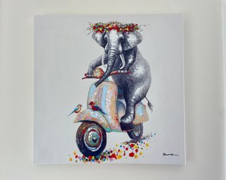 Whimsical Elephant On Scooter Stretched Canvas Wall Art