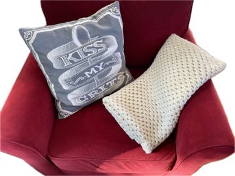 Kiss My Grits Slogan Graphic Throw Pillow And A Hand Knit Throw Blanket