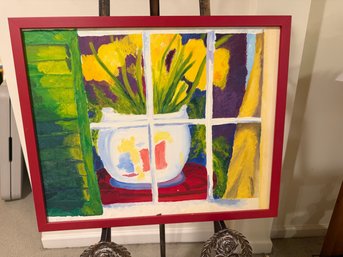Framed Painting Of Colorful Floral In Shuttered Window