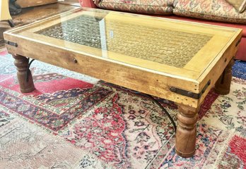 Indonesian Wood Coffee Table With Wrought Iron And Glass Top