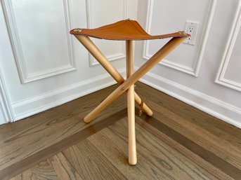 Wood Framed Small Folding Leather Stool