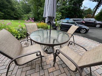 Patio Table With 4 Arm Chairs, Umbrella And Stand