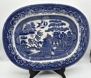 Antique Staffordshire Blue Transferware Willow Pattern Oval Platter