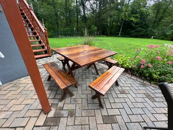 Nice Square Wood Picnic Table With 4 Benches And Umbrella Hole