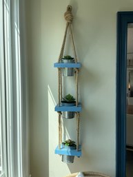 Wall Hanging Blue Wooden Plant Holder With Faux Succulents