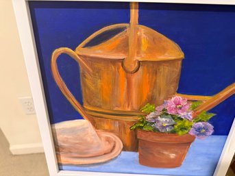 Framed Still Life Painting  Of Pansies And Watering Can