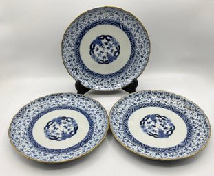 3 Vintage Japanese Blue & White Porcelain Decorative Plates  ~ Gilt Rim ~