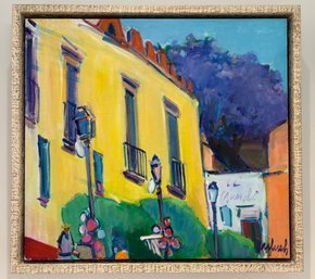Framed Vibrant Street Scene Oil Painting, Signed