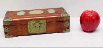 Vintage Chinese Rosewood Jewelry Box With Carved Jade Medallion Inserts