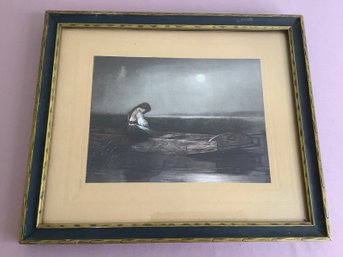 Early Framed Artwork Of Lone Girl Under The Moon On A Boat