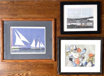 3 Original Art Works: Anne Kilham Wood Block Print, Jean Fine Watercolor & Landscape Drawing