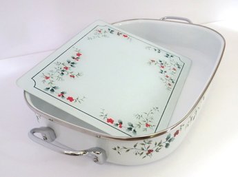 Winterberry Pattern Enamel Open Roaster Pan With Glass Cutting Board
