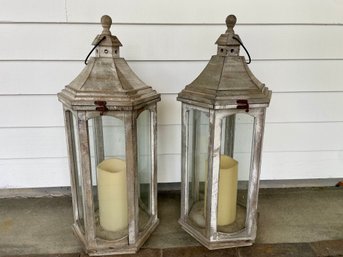 Whitewashed Wood & Glass Floor Lanterns