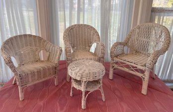 Set Of Vintage Wicker Doll / Plant Chairs With Side Table