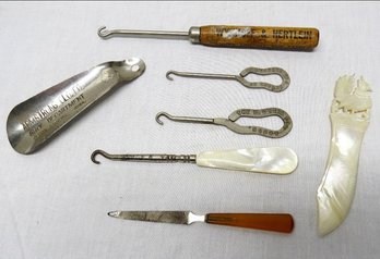 Antique Advertising Button Hooks From Ohio & Iowa, Plus Mother Of Pearl Carved Letter Opener