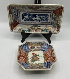 2 Antique Japanese Imari Porcelain Dishes Meiji Period Oblong & Octagonal