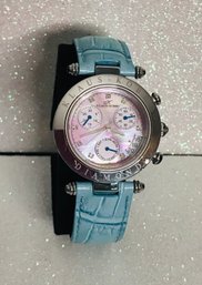 Klaus Kobec Ladies Pink Diamond Dial Face Chrono Leather Band Watch