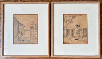 Set Original Antique Drawings Of Girls