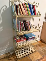 Vintage Inspired Metal Bakers Rack With Decorative Woven Shelves