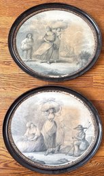 Pair Antique Etchings In Oval Frames