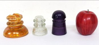 Three Colored Insulators, Carnival Glass, Clear And Purple