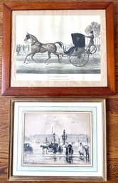 Antique Hand Colored Engraving Of Horse Chariot & Frank M. Armington Paris Street Scene