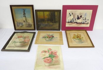 Grouping Of 7 Pieces Of Art Including Six Original Watercolors, Some Signed