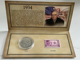 1934 Walking Liberty Half-dollar & Stamp W/ Certificate Of Authenticity #157
