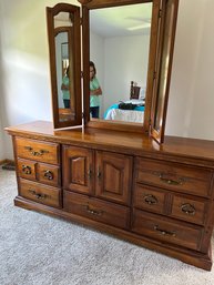 7 Drawer Dresser With 2 Door Cabinet With Two Interior Drawers & 3 Section Mirror - American Drew Furniture