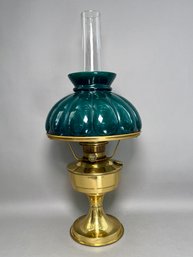 Antique Brass Aladdin Lamp With Hunter Green Shade & Chimney